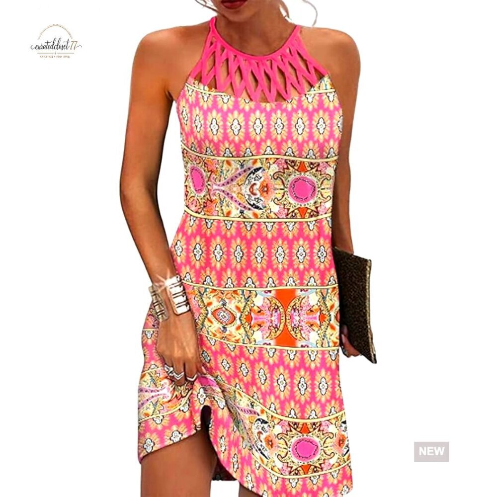 Floral Halter Neck A-Line Sundress Casual Summer Dress with Pockets